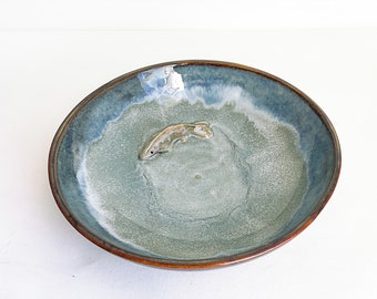 handmade ceramic plate with green and blue glazes. Fish bowl, perfect for your fishing and outdoor enthusiast