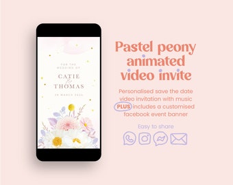 Animatievideo Save The Date • Uitnodiging aquarel pioenroos • Digitale video-uitnodiging met pastelbloemen