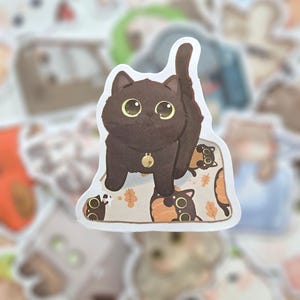 Stickers chat mignon (ver.2), minou, gros chat aux yeux ronds, animal, stickers kawaii, bouteille d'eau, boîte à lunch, cahier, bricolage