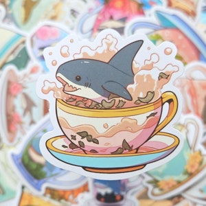 Pegatinas lindas de tiburón para taza, tiburón, taza, té de la tarde, pegatinas impermeables, pegatinas kawaii, botella de agua, lonchera, cuaderno