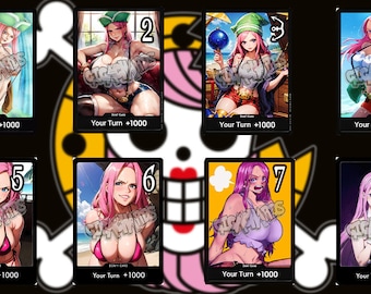 Op de afbeelding: Acht geïllustreerde kaarten met een vrouw met roze haar in verschillende outfits en poses. Elke kaart heeft een nummer van 1 tot 8 en de tekst "Your Turn + 1000".