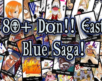 May include: A collage of 80+ colorful trading cards featuring characters from the anime series One Piece. The cards feature various characters from the East Blue Saga, including Monkey D. Luffy, Roronoa Zoro, and Nami. The text "80+ Don!! East Blue Saga!" is superimposed on the image.