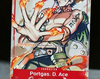 May include: A red and white trading card featuring a character from the anime One Piece. The character is Portgas D. Ace, a member of the Whitebeard Pirates. The card has a power level of 6000 and a special ability called "Double Attack".