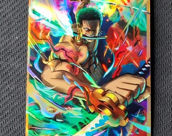 May include: A rectangular, holographic trading card featuring a muscular character with green hair, holding three swords. The character is depicted in a dynamic pose with vibrant colors, including blue, red, and gold accents. The card has a glossy finish.