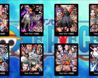 May include: Eight colorful trading cards featuring characters from the anime One Piece. Each card has a number from 1 to 8 and the text "Your Turn +1000".