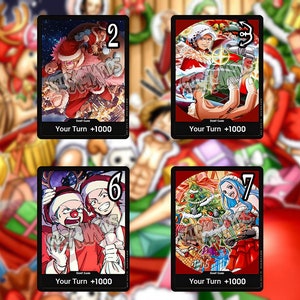 One Piece TCG Custom Karten DON!! Frohe Weihnachten und ein gutes neues Jahr, Ruffy, Nami, Sanji, Buggy, Rogue Town Shanks, Trafalgar Law Chopper, Nico Robin