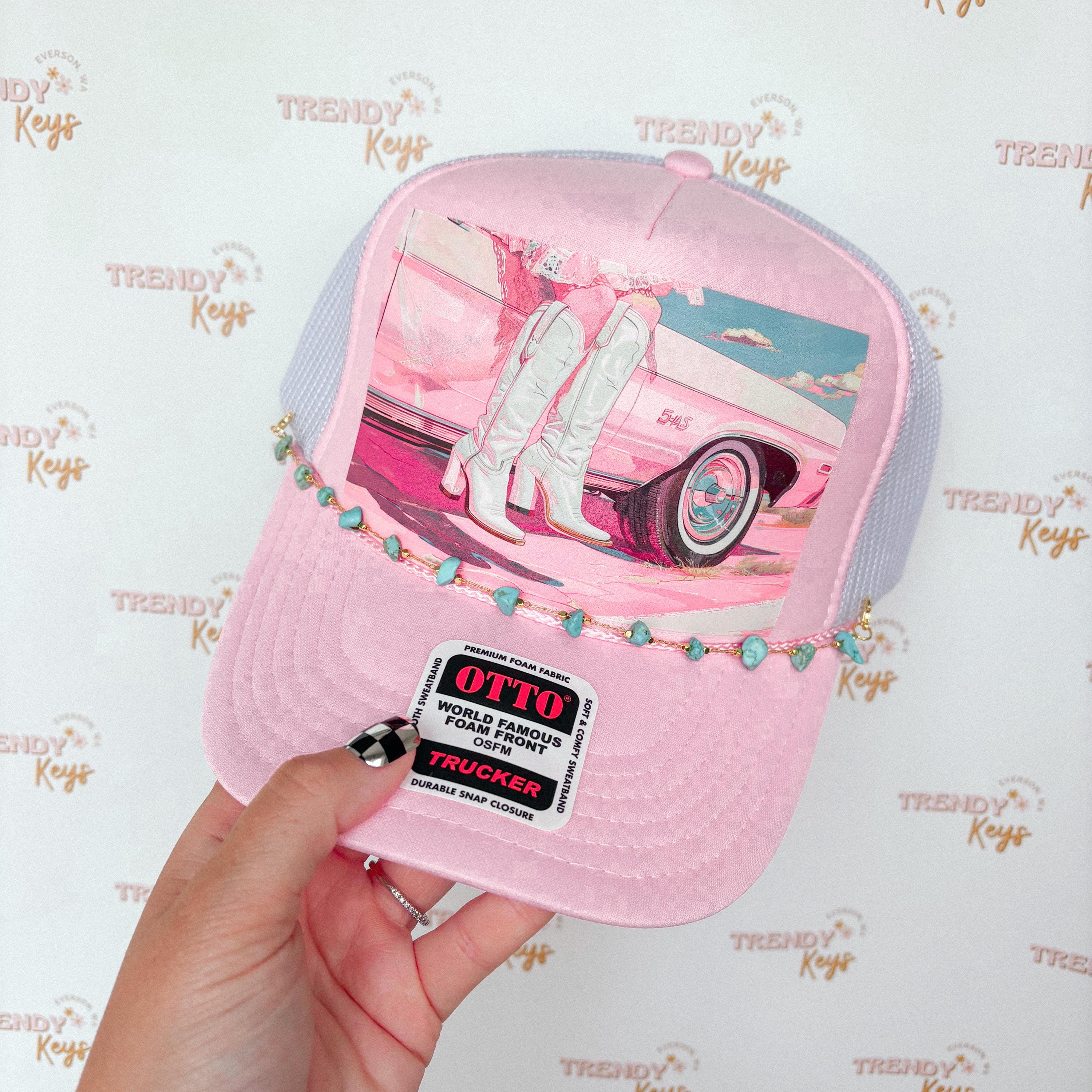 Pink Vintage Car & Cowgirl Boots w/hat charms trucker hat NWT disco_freshie_pnk_cowboy_hat.  main image 2