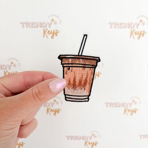 May include: Embroidered patch of an iced coffee drink in a clear plastic cup with a black straw. The coffee is light brown with a darker brown lid and a black outline. The patch is held by a hand.