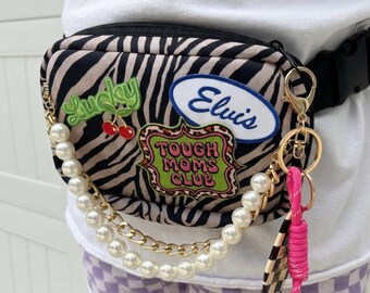 Custom Zebra Print Belt Bag – Patched Fanny Pack with Pearl Chain Detail