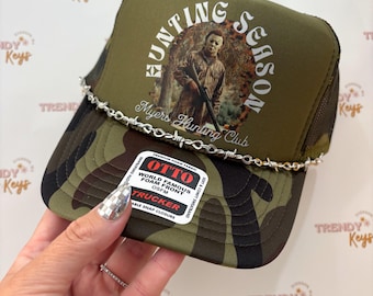 Spooky Hunting Season Trucker Hat, Barbed Wire Chain Camo Foam Cap