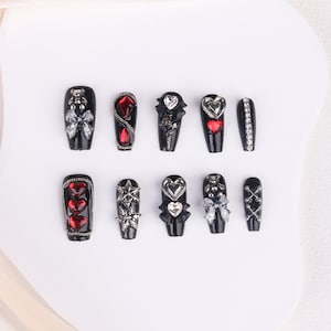 Red Black Punk Press on Nails, Heart Dark Bear Cool Middle Coffin Shape Luxury Handmade, French Party Holiday Nails, Reusable Fake Nails