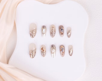 Pearl Golden Elegant Shiny Press on Nails, Middle Coffin Shape Luxury Handmade Nails, French Nails, Party Holiday Nails, Reusable Fake Nails