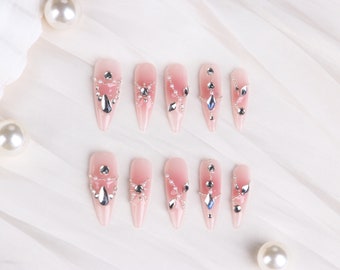 Handmade Press on Nails, Long Stiletto Nails, Diamond Pink Nails, French Nails, Wedding Nails, Long Nails, Ombre Nails, Reusable Fake Nails