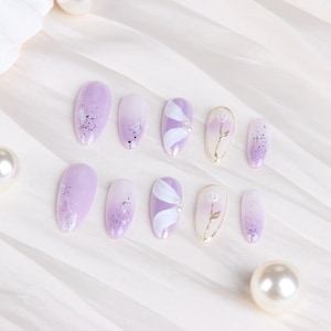 Handgemachte Presse auf den Nägeln, Mandel Form Nägel, Helllila Nägel, Französische Nägel, Hochzeitsnägel, Lange Nägel, Ombre Nägel, Wiederverwendbare Künstliche Nägel