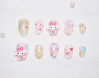 Little Bunny Press on Nails, Sweet Cute Pink Lovely Cartoon Short Round Shape Luxury Handmade Handprint, Winter Party Holiday Birthday Gift