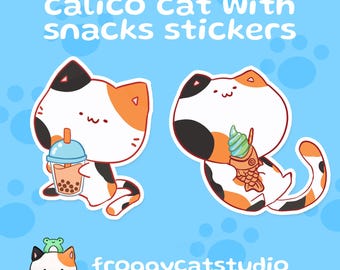 Calico Cat Boba and Taiyaki Sticker | Glossy Vinyl Waterproof for Laptop Water Bottle Journal