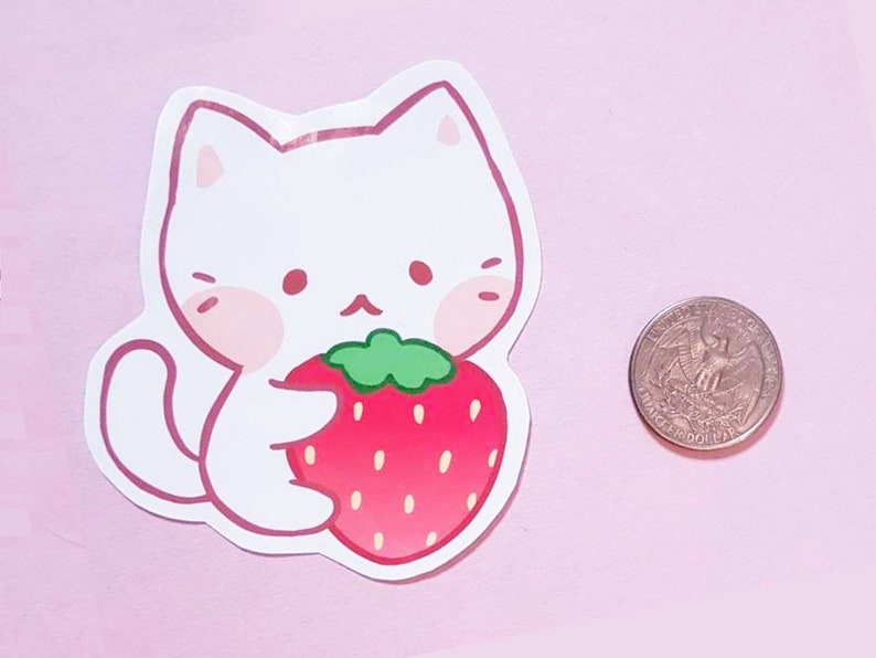 Strawberry Cat Sticker | Glossy Vinyl Decal - Etsy