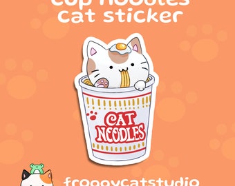 Cup Noodles Cat Sticker: Kawaii Vinyl Decal for Laptop, Water Bottle