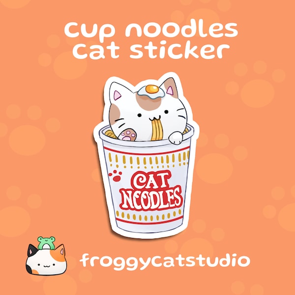 Cup Noodles Cat Sticker | Glossy Vinyl Sticker | Waterproof | Cute Kawaii Sticker for Laptop Water Bottle Bullet Journal Planner