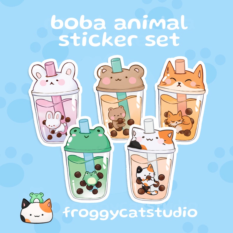 May include: Set of five boba animal stickers featuring a bunny, bear, cat, frog, and another cat. Each sticker features a cartoon animal inside a clear boba cup with a straw and boba pearls. The stickers are on a light blue background with white paw prints.