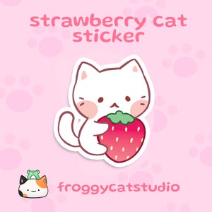 Strawberry Cat Sticker | Glossy Vinyl Sticker | Waterproof | Cute Sticker for Laptop Water Bottle Bullet Journal Planner