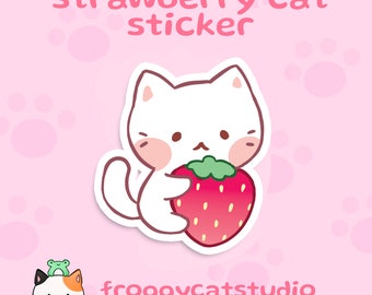 Strawberry Cat Sticker | Glossy Vinyl Sticker | Waterproof | Cute Sticker for Laptop Water Bottle Bullet Journal Planner