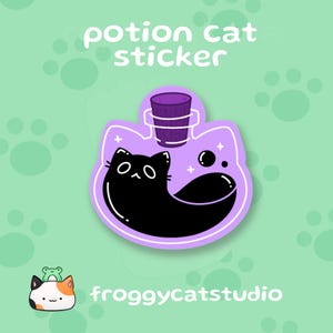 May include: A sticker featuring a black cat inside a purple potion bottle. The bottle has a purple stopper and is labeled "potion cat sticker." The background is light green with paw prints and a small cat and frog illustration.