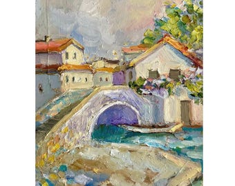 Venice Bridge Oil Painting: Italy Cityscape Impasto Art 8x12