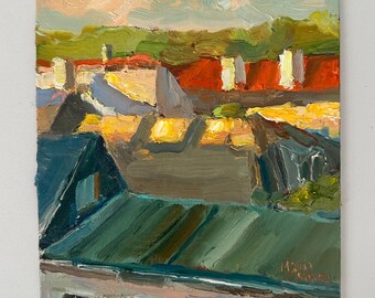 Roofs Sunrise Cityscape Oil Painting:  Austria Vienna Art (8x10)