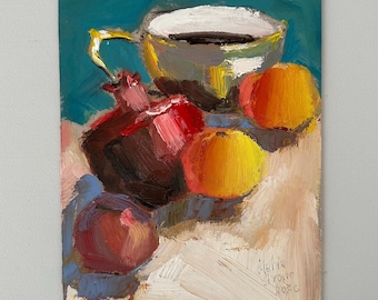Pomegranate Oil Painting: Original Coffee Still Life Kitchen Wall Art (6x8)