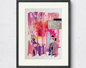 Framed Abstract Art Mixed Media 8 x 12 inches Oil Pastel acrylic collage, Expressionist pink Art, Handmade Contemporary bright painting