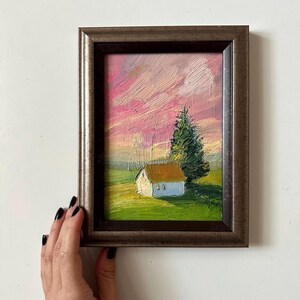 Pequena casa pintura emoldurada decoração para casa 6 x 8 arte rural paisagem rural arte de parede a óleo original árvore no campo pintura casa de campo branca