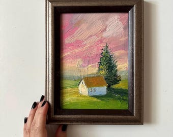 素朴な田舎の風景油絵：夏の田園風景、アートワーク8x8 - Etsy 日本