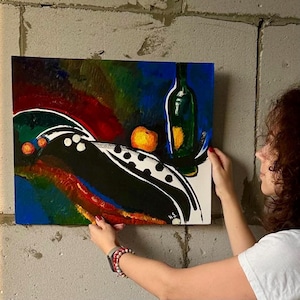 Pintura de garrafa 19 x 15 abstrato natureza morta cereja arte de parede expressionista arte brilhante frutas arte moderna arte contraste fantasia natureza morta