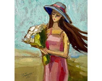 Woman with Bouquet Painting: oil Portrait, Girl in the Hat wall art, 8x10