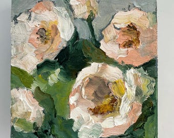 Rose Hip Oil Painting, Small Floral Impressionist Art (6x6 Canvas)