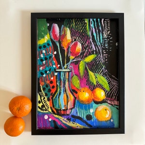 Tulipani dipinto a pastello a olio 12 x 16 tecnica mista natura morta pastello a olio incorniciato Dipinto astratto Natura morta espressionista frutta pastello a olio arte