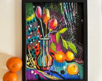 Mixed Media, 8 x 12 inch Oil Pastel, oil sticks painting, framed Abstract Art, Expressionalism still life, Contemporary bright wall art