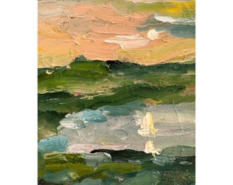 Impasto Lake Painting: Evening Hills Landscape Oil Art (6x8), rural landscape