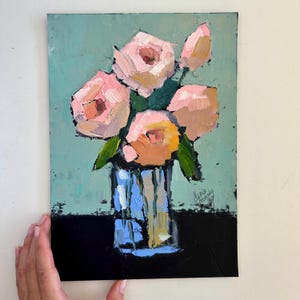 Pintura de peônia Arte de parede original a óleo 8 x 12 flores impasto arte de parede semi-abstrata rosas florais natureza morta expressionista arte contemporânea