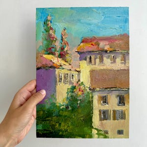 Pintura de casas antigas, arte de parede de jardim, 8 por 12, paisagem urbana do sul, vila, paisagem ensolarada, óleo impasto, pôr do sol, arte de parede, quintal, jardim, arte de arte