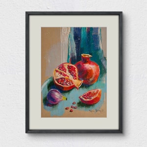 Original gerahmtes Öl-Pastellgemälde Ölstifte Wandkunst heller Granatapfel Stillleben Gemälde 12x16 in realistisch gearbeiteter Granatkunst Bild 1