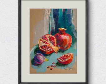 Original gerahmtes Öl-Pastellgemälde Ölstifte Wandkunst heller Granatapfel Stillleben Gemälde 12x16 in realistisch gearbeiteter Granatkunst