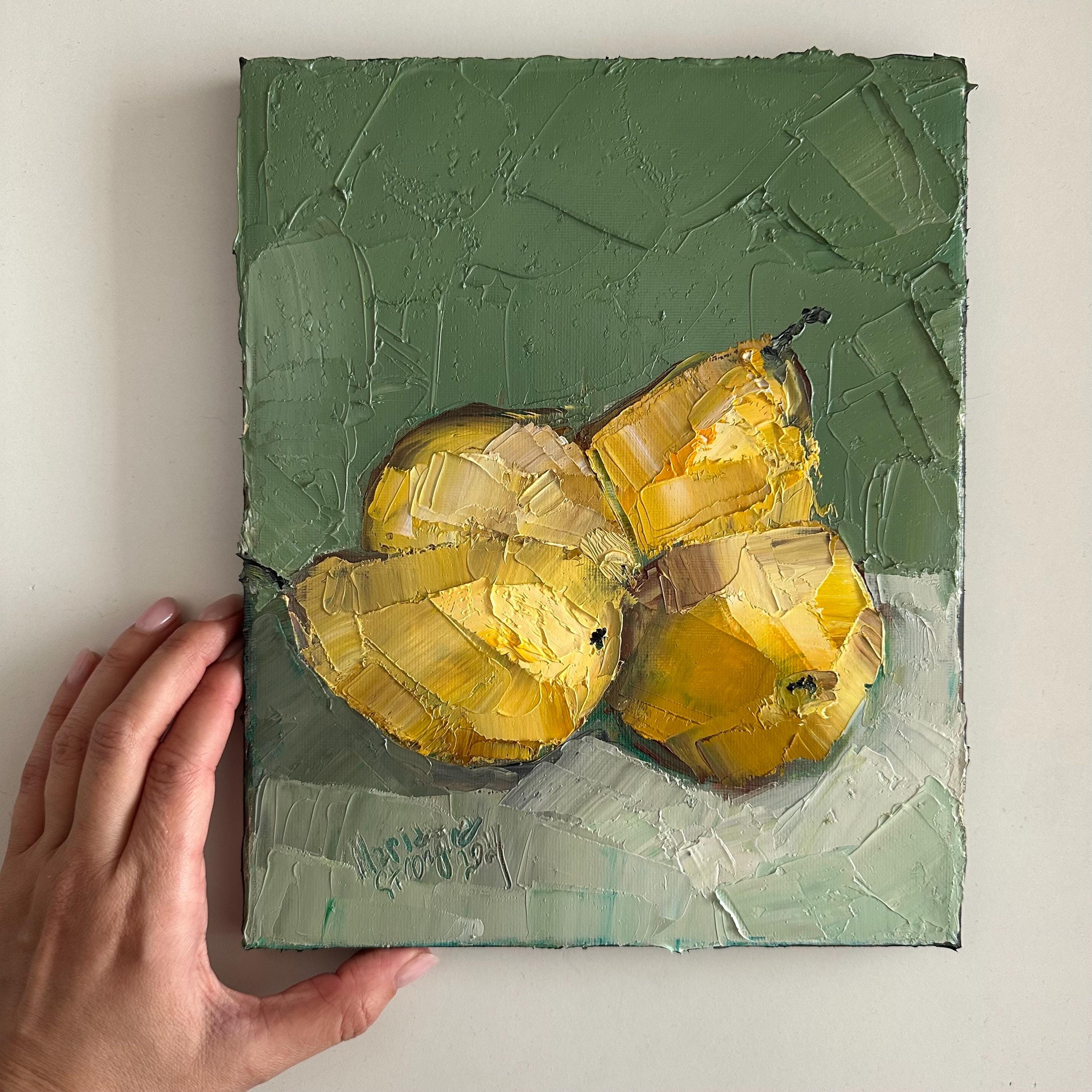 Pears Oil Painting: Original Impasto Still Life, Kitchen Decor
