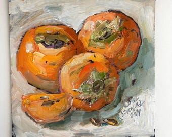 Naturaleza muerta de caqui: pintura al óleo original, arte de cocina impresionista
