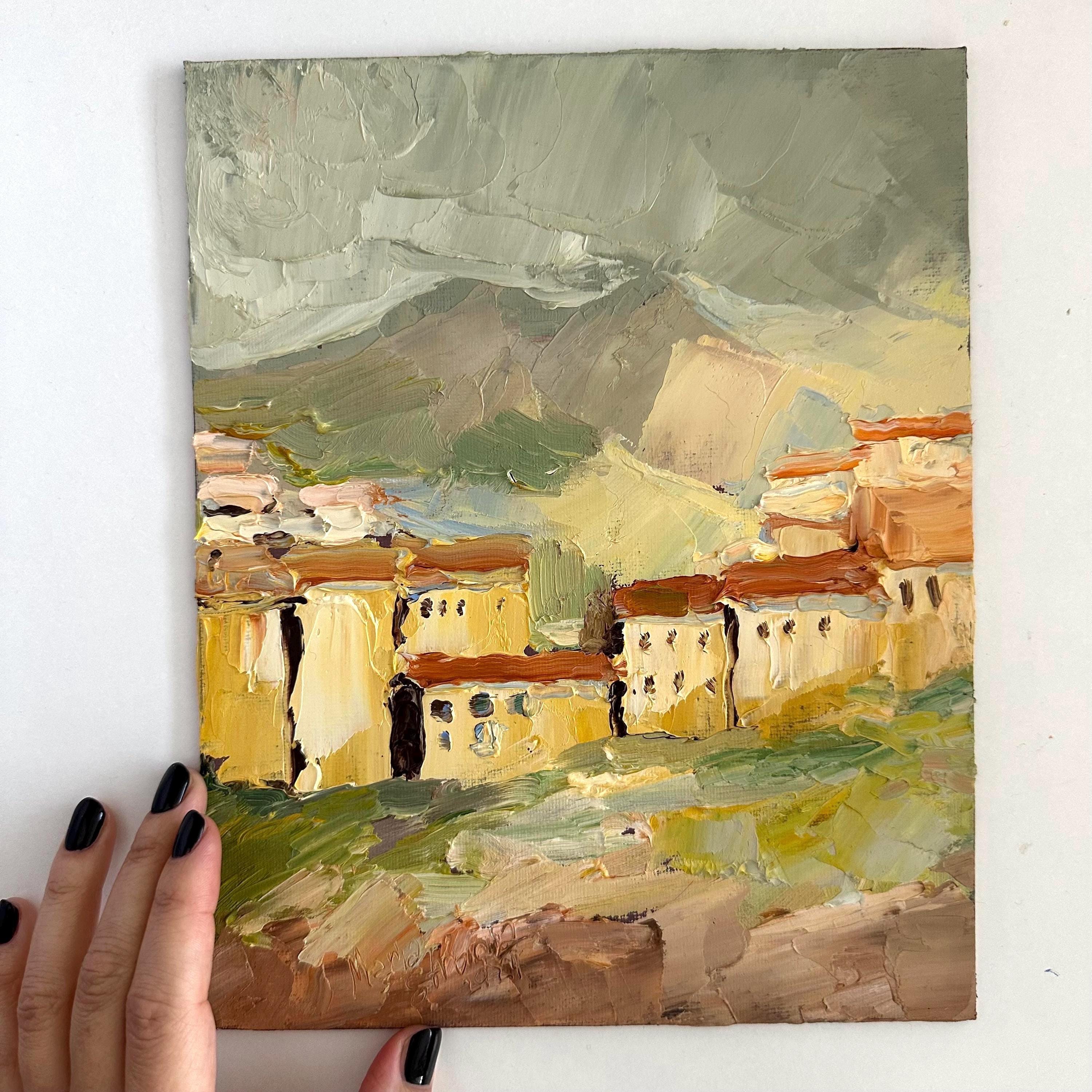 Mountains Israel painting 8 x 10 old houses wall art Impressionist landscape southern village original oil painting rural art mountain house