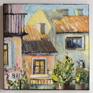 Old town Italy Original oil cityscape Painting old houses Wall Art European Landscape Summer Terrace balcony view impressionist art 16 x 16