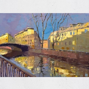 Old City Painting Bridge Painting Petersburg landscape 27 x 19 spring cityscape impasto Channel wall art Europe Impressionist painting