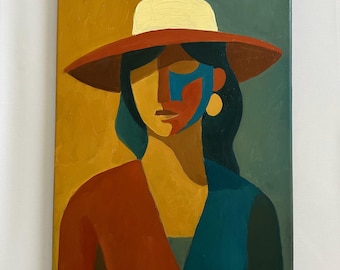抽象的な女性の肖像画：現代アート、12x16インチのキャンバス - Etsy 日本