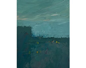Glowing Windows Night Oil Painting: Abstract Blue Green Landscape Impasto Artwork 8x12 in